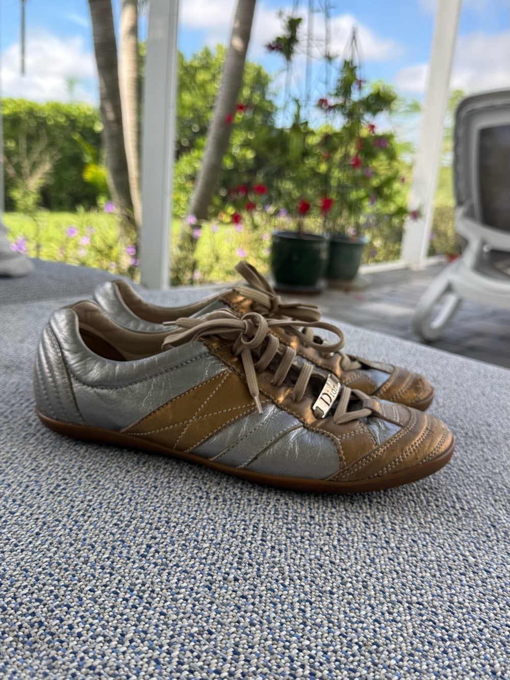 Christian Dior Metallic Silver and Tan Lace-Up Sneakers